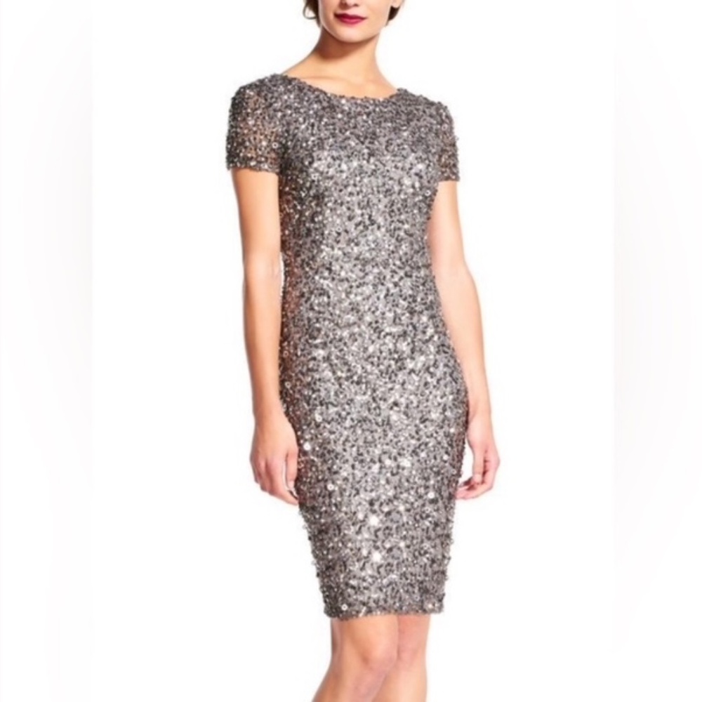 Adrianna Papell sequin dress grey silver low scoop back